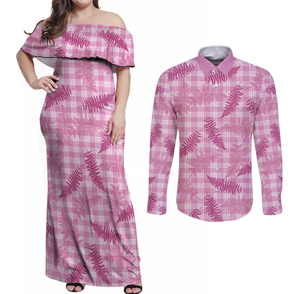Purple Palaka Hawaii Palapalai Couples Matching Off Shoulder Maxi Dress and Long Sleeve Button Shirt Hawaiian Fern LT14 Purple - Polynesian Pride