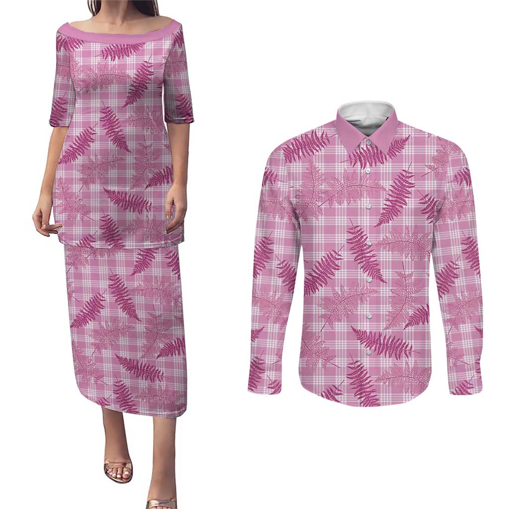 Purple Palaka Hawaii Palapalai Couples Matching Puletasi and Long Sleeve Button Shirt Hawaiian Fern LT14 Purple - Polynesian Pride