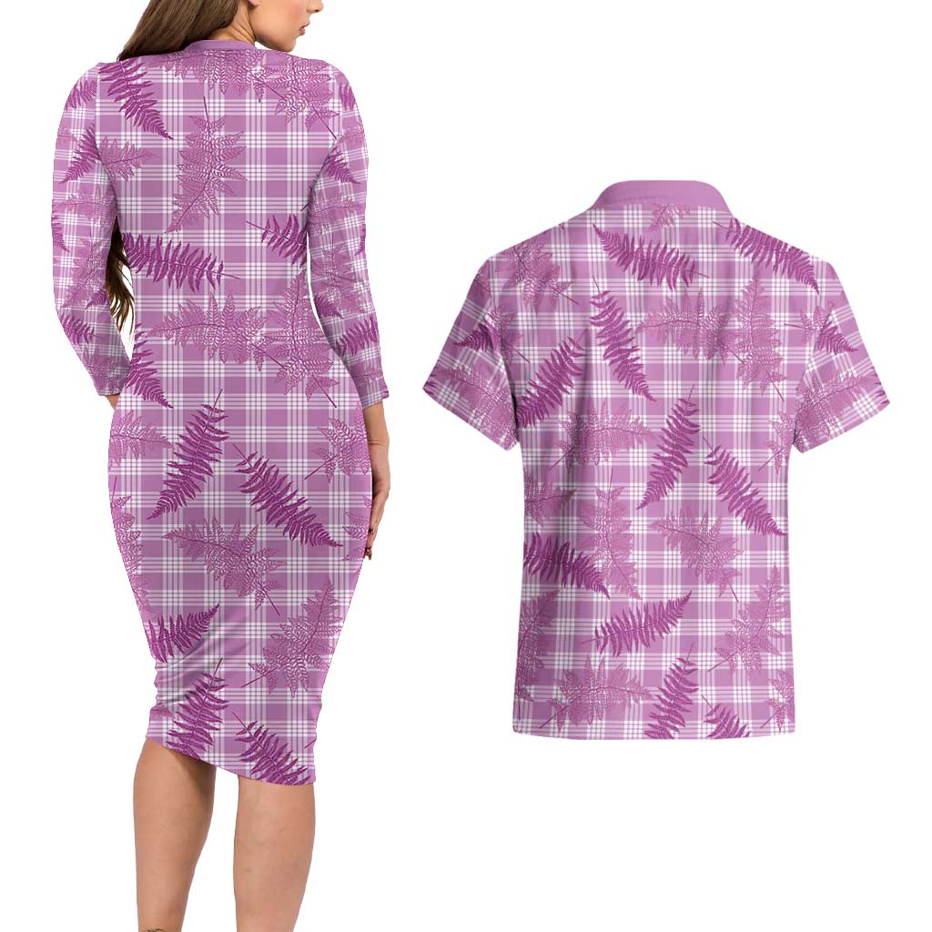 Pink Palaka Hawaii Palapalai Couples Matching Long Sleeve Bodycon Dress and Hawaiian Shirt Hawaiian Fern LT14 - Polynesian Pride
