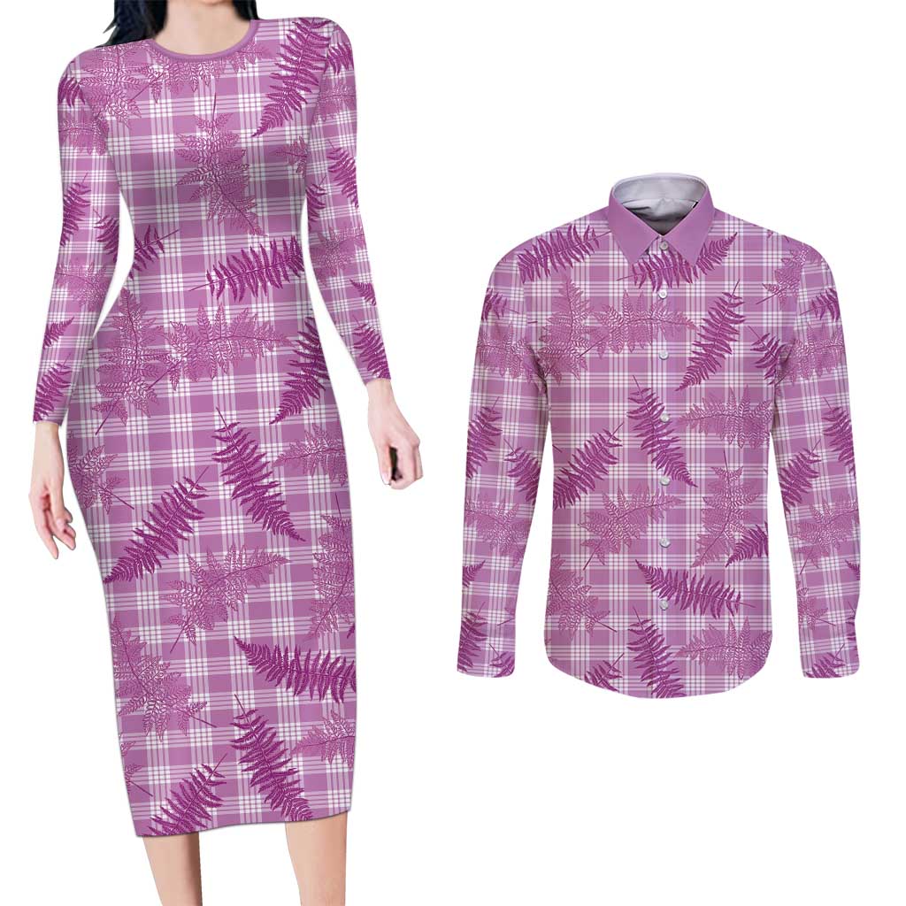 Pink Palaka Hawaii Palapalai Couples Matching Long Sleeve Bodycon Dress and Long Sleeve Button Shirt Hawaiian Fern LT14 Pink - Polynesian Pride