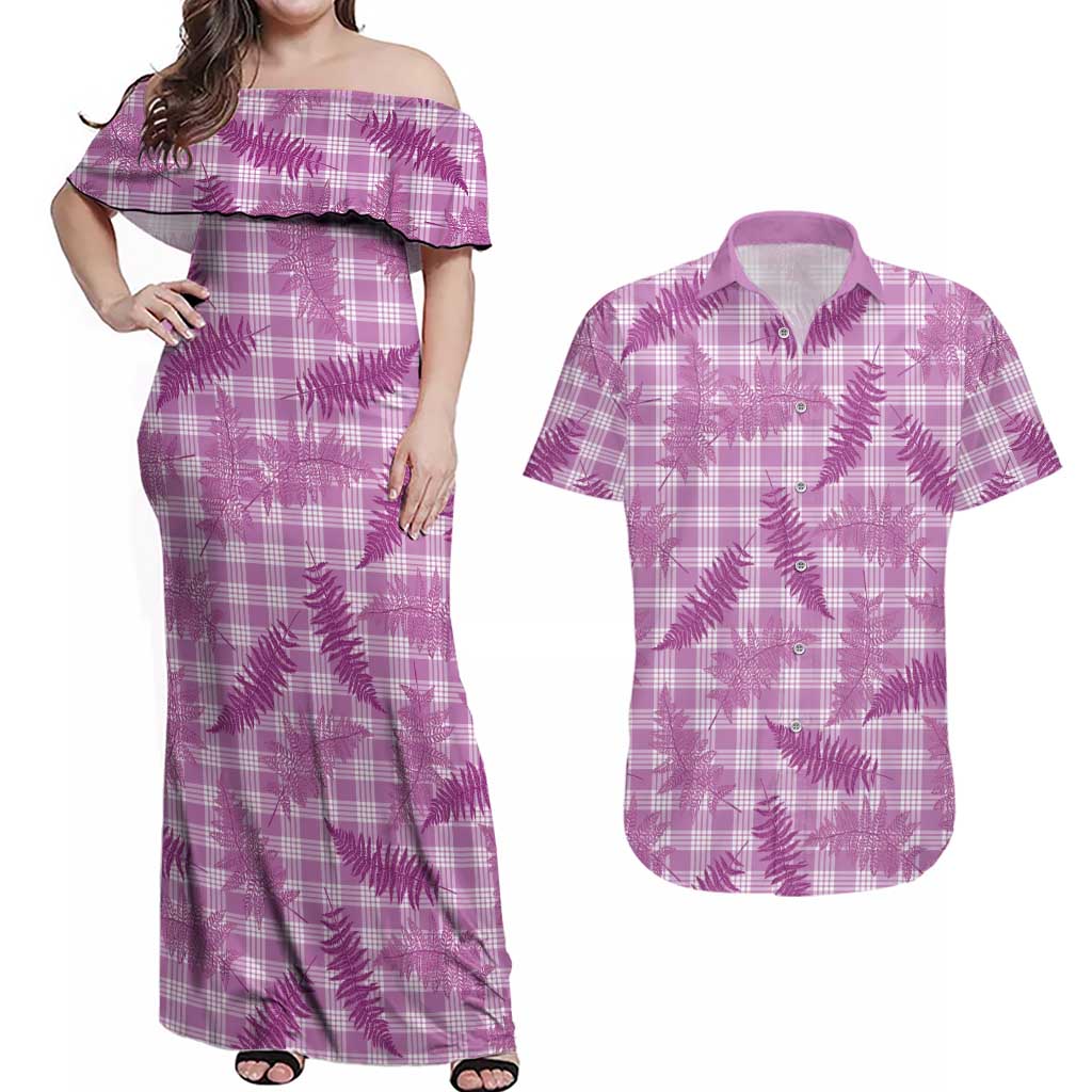 Pink Palaka Hawaii Palapalai Couples Matching Off Shoulder Maxi Dress and Hawaiian Shirt Hawaiian Fern LT14 Pink - Polynesian Pride
