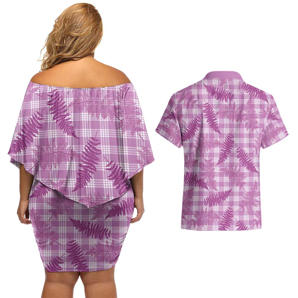 Pink Palaka Hawaii Palapalai Couples Matching Off Shoulder Short Dress and Hawaiian Shirt Hawaiian Fern LT14 - Polynesian Pride