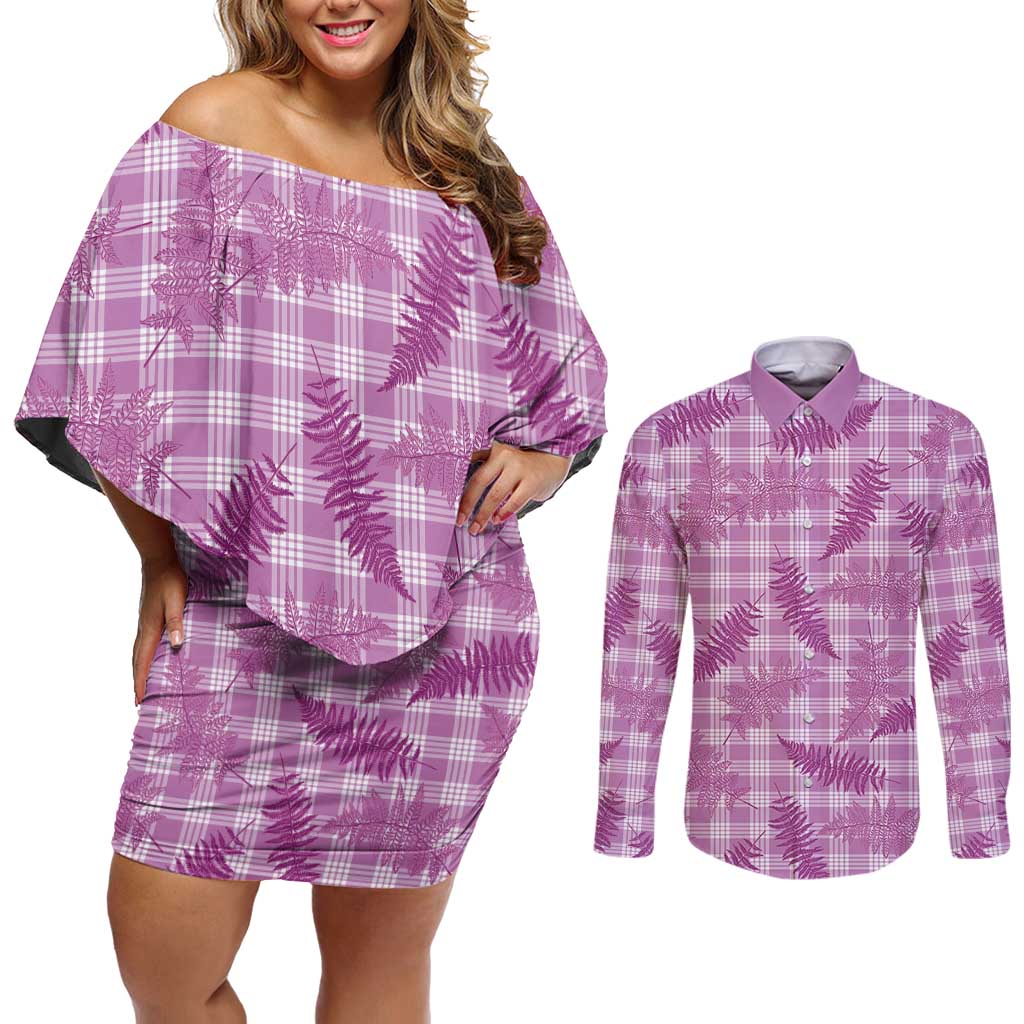 Pink Palaka Hawaii Palapalai Couples Matching Off Shoulder Short Dress and Long Sleeve Button Shirt Hawaiian Fern LT14 Pink - Polynesian Pride