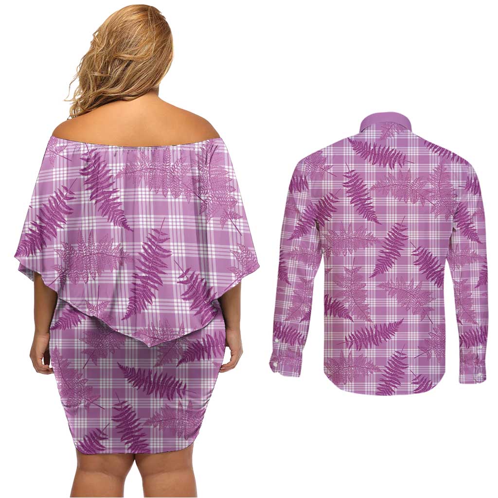 Pink Palaka Hawaii Palapalai Couples Matching Off Shoulder Short Dress and Long Sleeve Button Shirt Hawaiian Fern LT14 - Polynesian Pride