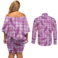 Pink Palaka Hawaii Palapalai Couples Matching Off Shoulder Short Dress and Long Sleeve Button Shirt Hawaiian Fern LT14 - Polynesian Pride