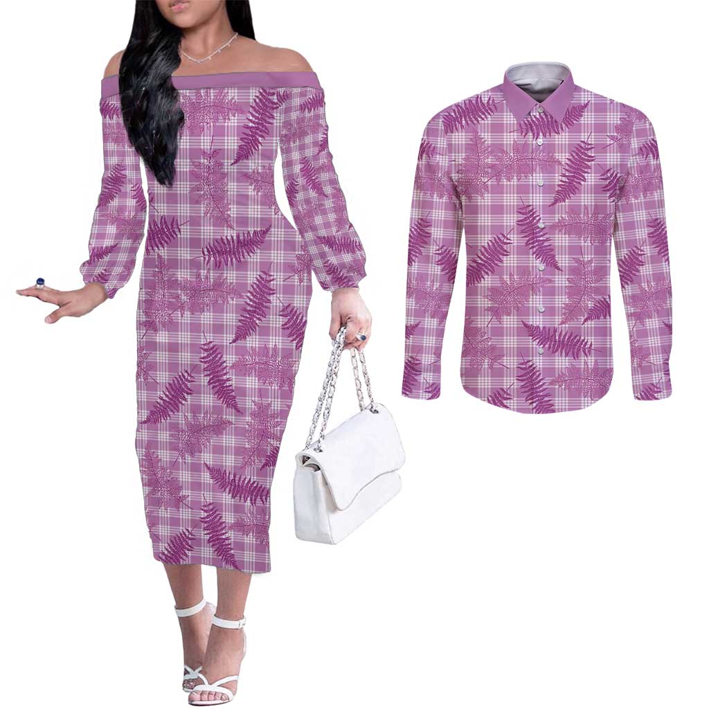 Pink Palaka Hawaii Palapalai Couples Matching Off The Shoulder Long Sleeve Dress and Long Sleeve Button Shirt Hawaiian Fern LT14 Pink - Polynesian Pride