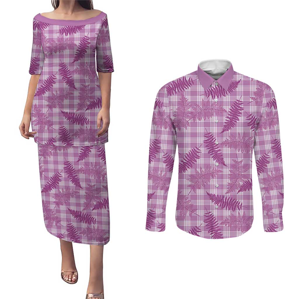 Pink Palaka Hawaii Palapalai Couples Matching Puletasi and Long Sleeve Button Shirt Hawaiian Fern LT14 Pink - Polynesian Pride