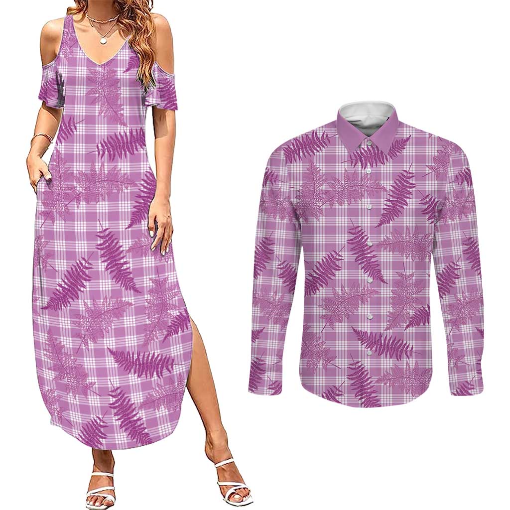 Pink Palaka Hawaii Palapalai Couples Matching Summer Maxi Dress and Long Sleeve Button Shirt Hawaiian Fern LT14 Pink - Polynesian Pride