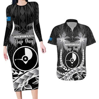 FSM Yap Day Couples Matching Long Sleeve Bodycon Dress and Hawaiian Shirt 2025 Wa'ab Micronesia Black Color LT14 Black - Polynesian Pride