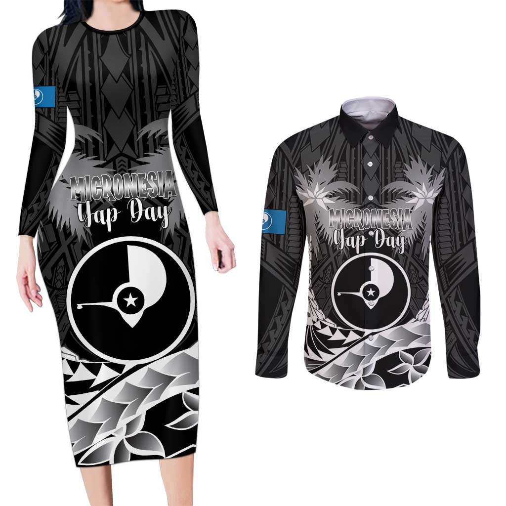 FSM Yap Day Couples Matching Long Sleeve Bodycon Dress and Long Sleeve Button Shirt 2025 Wa'ab Micronesia Black Color LT14 Black - Polynesian Pride