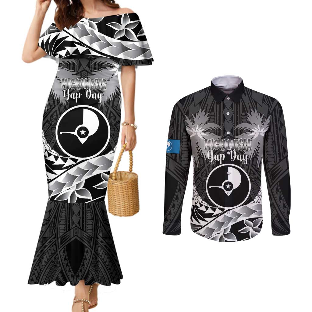 FSM Yap Day Couples Matching Mermaid Dress and Long Sleeve Button Shirt 2025 Wa'ab Micronesia Black Color LT14 Black - Polynesian Pride
