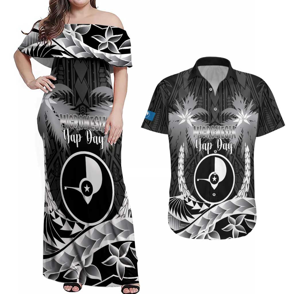 FSM Yap Day Couples Matching Off Shoulder Maxi Dress and Hawaiian Shirt 2025 Wa'ab Micronesia Black Color LT14 Black - Polynesian Pride