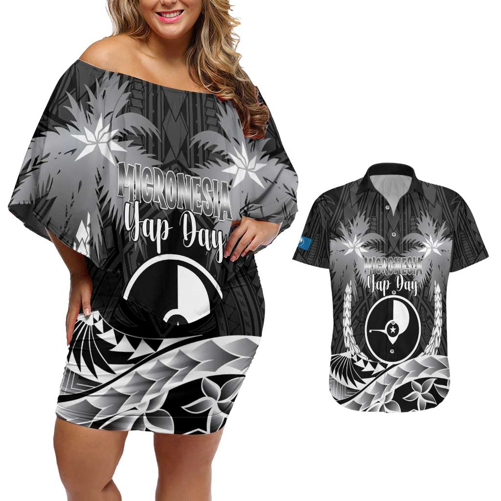FSM Yap Day Couples Matching Off Shoulder Short Dress and Hawaiian Shirt 2025 Wa'ab Micronesia Black Color LT14 Black - Polynesian Pride
