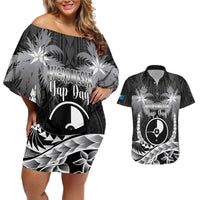 FSM Yap Day Couples Matching Off Shoulder Short Dress and Hawaiian Shirt 2025 Wa'ab Micronesia Black Color LT14 Black - Polynesian Pride