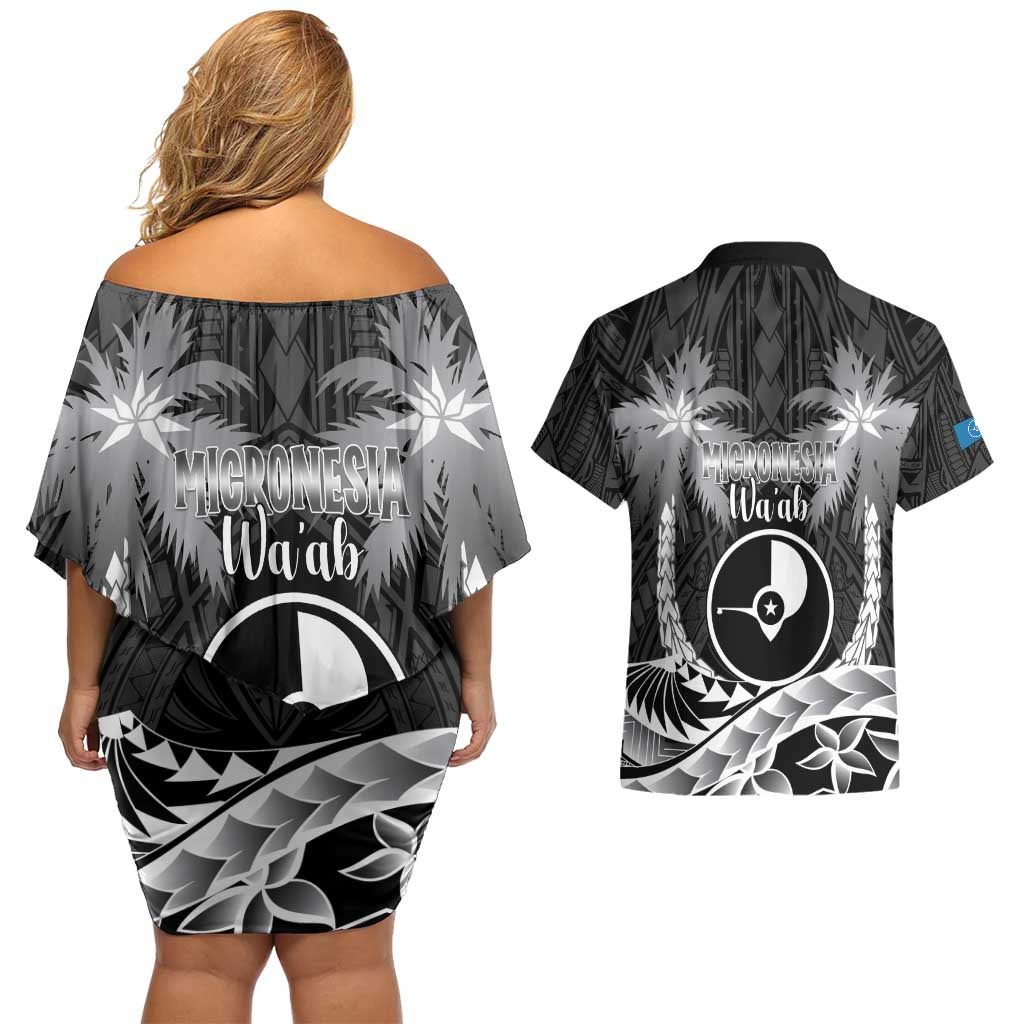 FSM Yap Day Couples Matching Off Shoulder Short Dress and Hawaiian Shirt 2025 Wa'ab Micronesia Black Color LT14 - Polynesian Pride