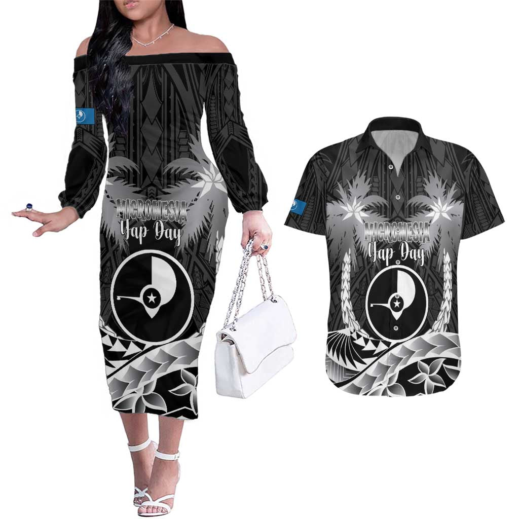 FSM Yap Day Couples Matching Off The Shoulder Long Sleeve Dress and Hawaiian Shirt 2025 Wa'ab Micronesia Black Color