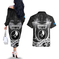 FSM Yap Day Couples Matching Off The Shoulder Long Sleeve Dress and Hawaiian Shirt 2025 Wa'ab Micronesia Black Color LT14 - Polynesian Pride