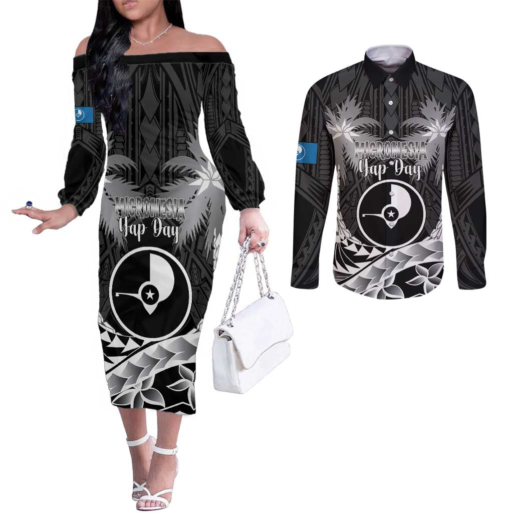 FSM Yap Day Couples Matching Off The Shoulder Long Sleeve Dress and Long Sleeve Button Shirt 2025 Wa'ab Micronesia Black Color LT14 Black - Polynesian Pride