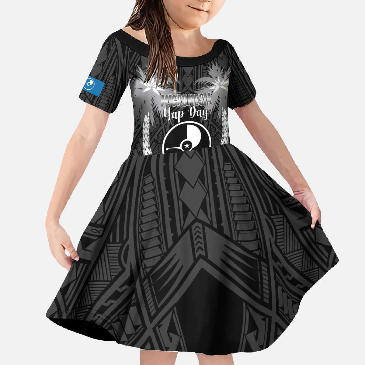 FSM Yap Day Family Matching Off The Shoulder Long Sleeve Dress and Hawaiian Shirt 2025 Wa'ab Micronesia Black Color LT14 Daughter's Dress Black - Polynesian Pride