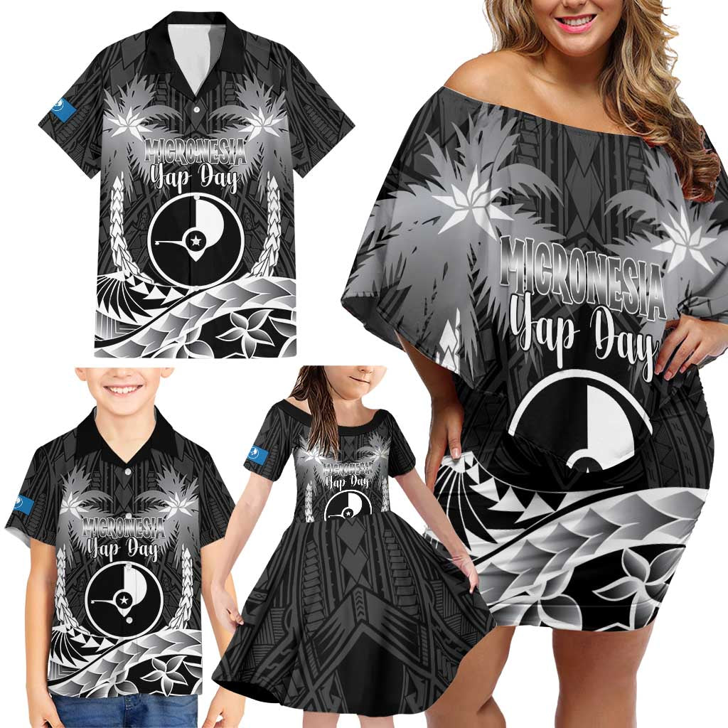 FSM Yap Day Family Matching Off Shoulder Short Dress and Hawaiian Shirt 2025 Wa'ab Micronesia Black Color LT14 - Polynesian Pride