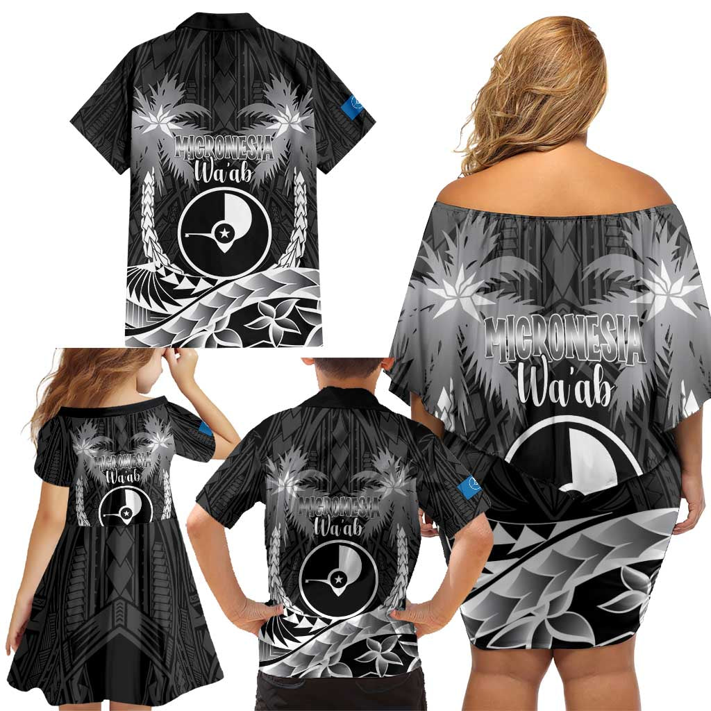 FSM Yap Day Family Matching Off Shoulder Short Dress and Hawaiian Shirt 2025 Wa'ab Micronesia Black Color LT14 - Polynesian Pride