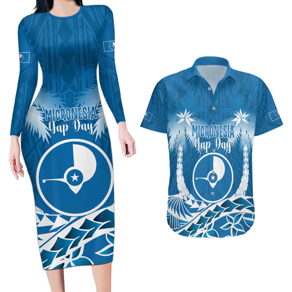 FSM Yap Day Couples Matching Long Sleeve Bodycon Dress and Hawaiian Shirt 2025 Wa'ab Micronesia Flag Color LT14 Blue - Polynesian Pride