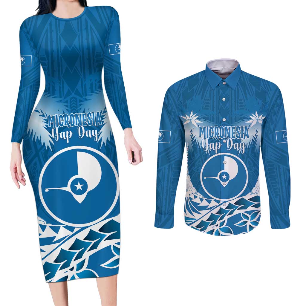 FSM Yap Day Couples Matching Long Sleeve Bodycon Dress and Long Sleeve Button Shirt 2025 Wa'ab Micronesia Flag Color LT14 Blue - Polynesian Pride