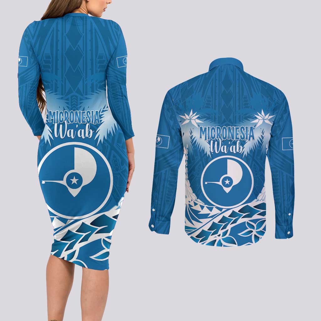 FSM Yap Day Couples Matching Long Sleeve Bodycon Dress and Long Sleeve Button Shirt 2025 Wa'ab Micronesia Flag Color LT14 - Polynesian Pride