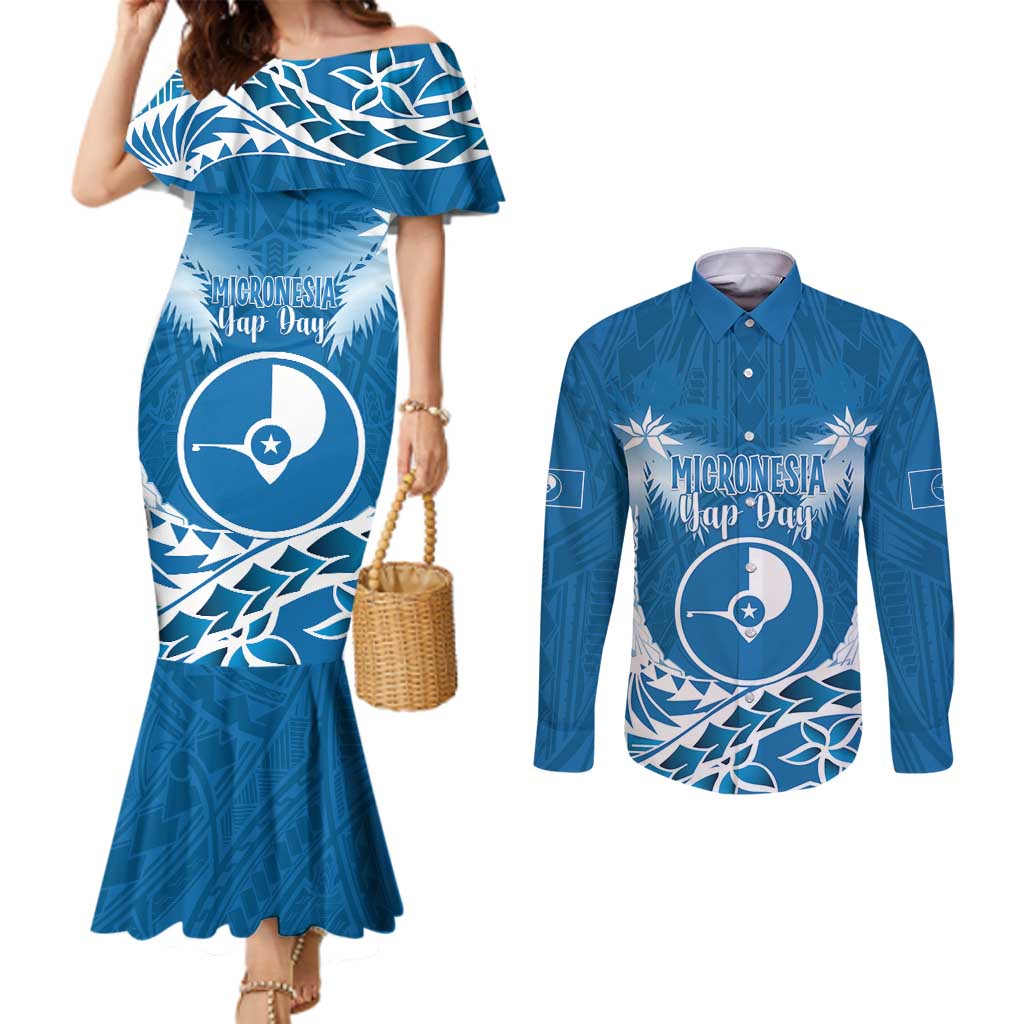 FSM Yap Day Couples Matching Mermaid Dress and Long Sleeve Button Shirt 2025 Wa'ab Micronesia Flag Color LT14 Blue - Polynesian Pride