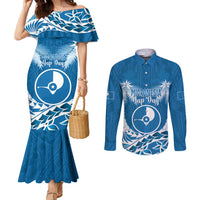 FSM Yap Day Couples Matching Mermaid Dress and Long Sleeve Button Shirt 2025 Wa'ab Micronesia Flag Color LT14 Blue - Polynesian Pride