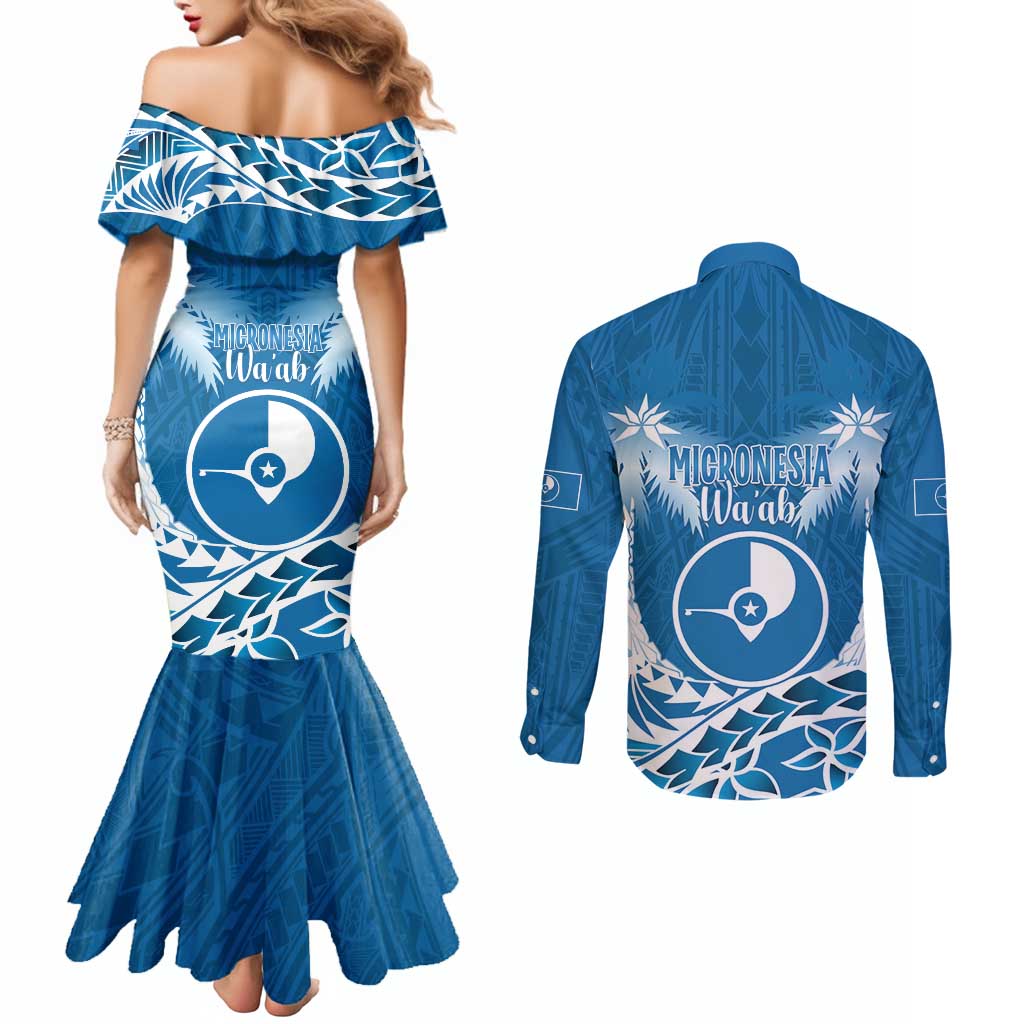 FSM Yap Day Couples Matching Mermaid Dress and Long Sleeve Button Shirt 2025 Wa'ab Micronesia Flag Color LT14 - Polynesian Pride