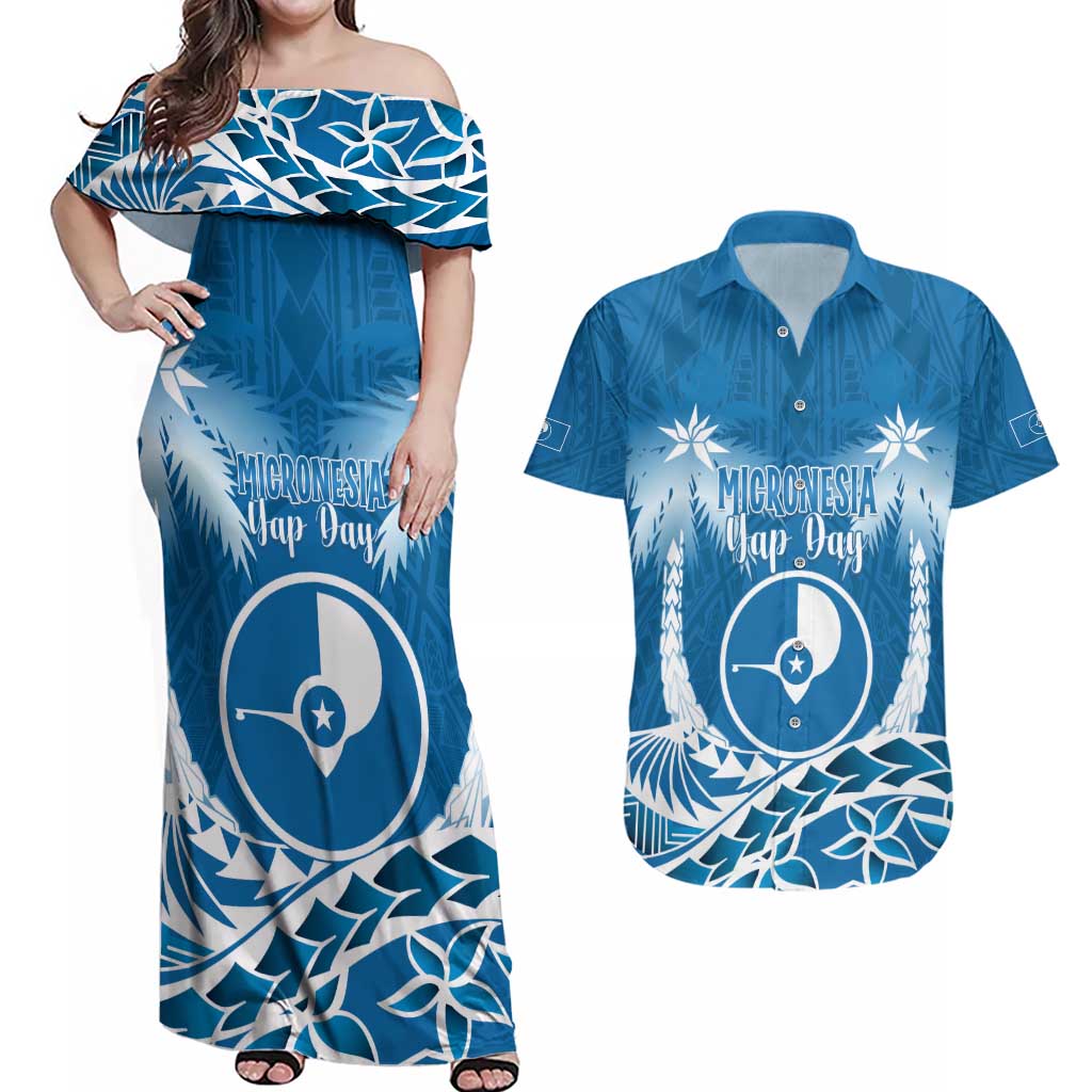 FSM Yap Day Couples Matching Off Shoulder Maxi Dress and Hawaiian Shirt 2025 Wa'ab Micronesia Flag Color LT14 Blue - Polynesian Pride