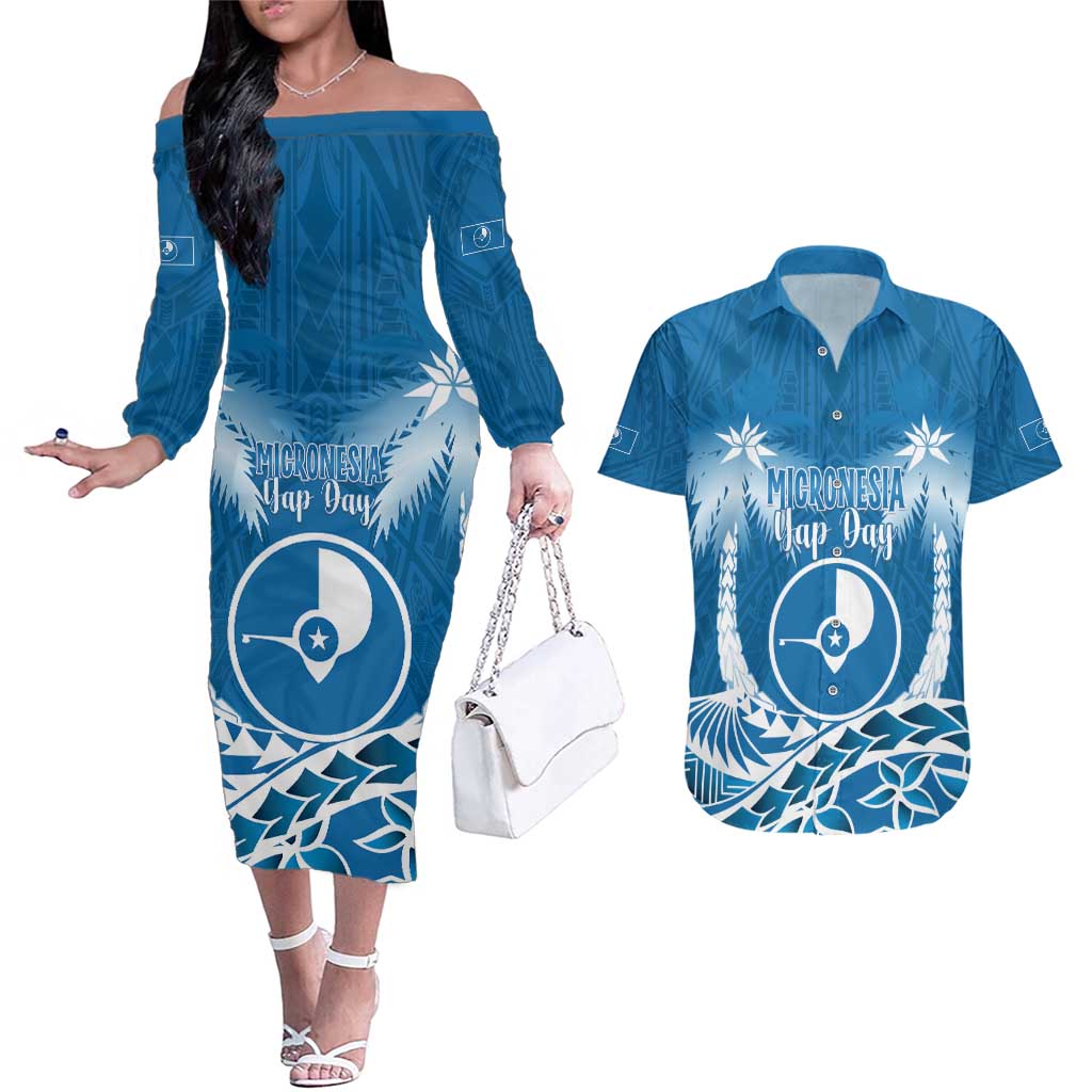 FSM Yap Day Couples Matching Off The Shoulder Long Sleeve Dress and Hawaiian Shirt 2025 Wa'ab Micronesia Flag Color LT14 Blue - Polynesian Pride