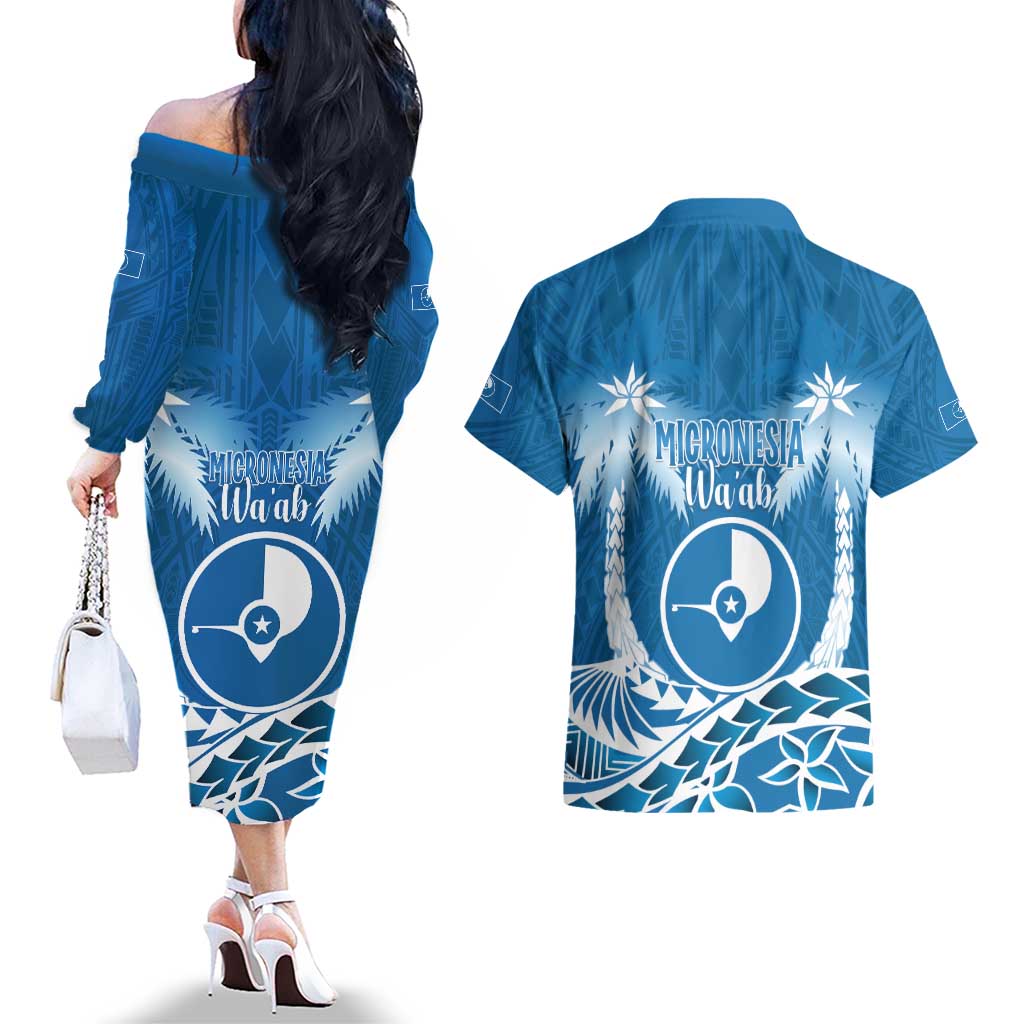 FSM Yap Day Couples Matching Off The Shoulder Long Sleeve Dress and Hawaiian Shirt 2025 Wa'ab Micronesia Flag Color LT14 - Polynesian Pride