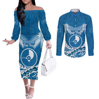 FSM Yap Day Couples Matching Off The Shoulder Long Sleeve Dress and Long Sleeve Button Shirt 2025 Wa'ab Micronesia Flag Color LT14 Blue - Polynesian Pride