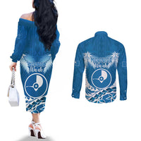 FSM Yap Day Couples Matching Off The Shoulder Long Sleeve Dress and Long Sleeve Button Shirt 2025 Wa'ab Micronesia Flag Color LT14 - Polynesian Pride