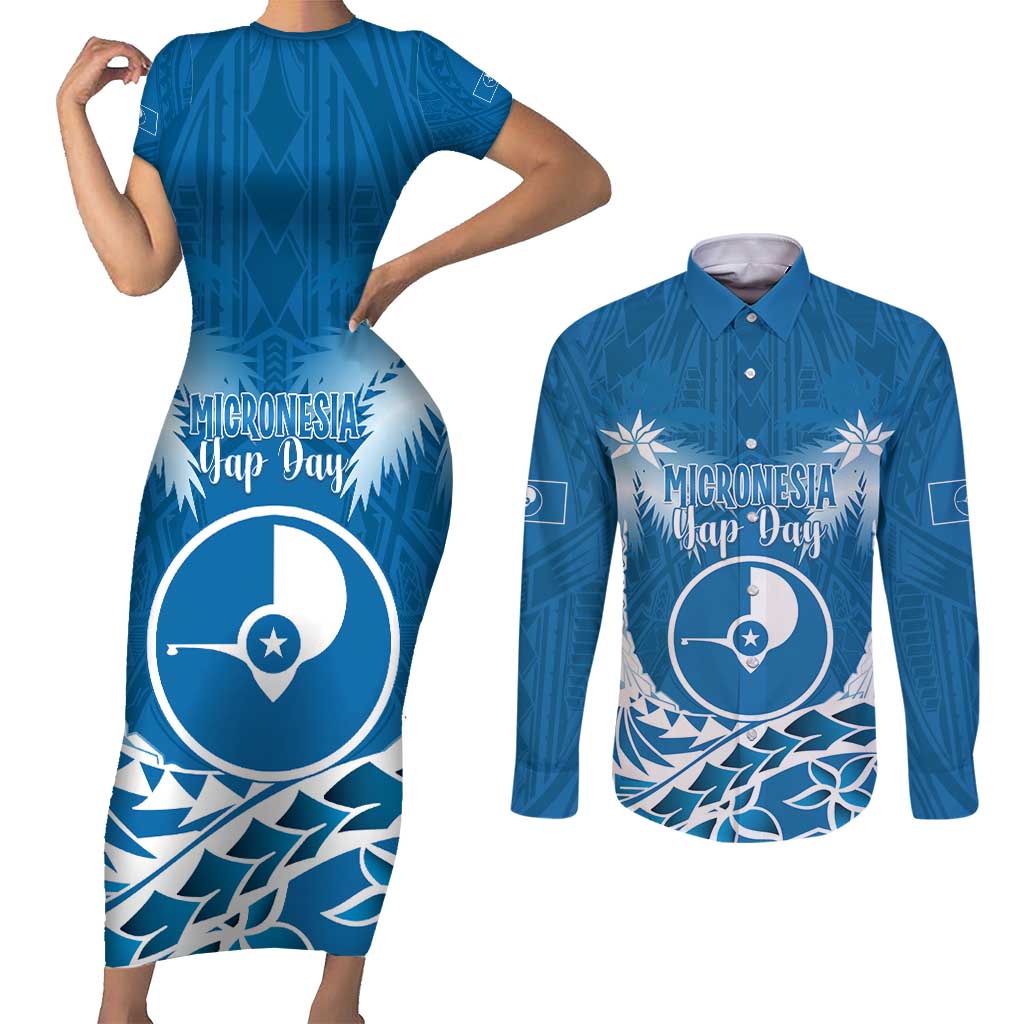 FSM Yap Day Couples Matching Short Sleeve Bodycon Dress and Long Sleeve Button Shirt 2025 Wa'ab Micronesia Flag Color LT14 Blue - Polynesian Pride