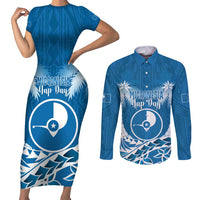 FSM Yap Day Couples Matching Short Sleeve Bodycon Dress and Long Sleeve Button Shirt 2025 Wa'ab Micronesia Flag Color LT14 Blue - Polynesian Pride