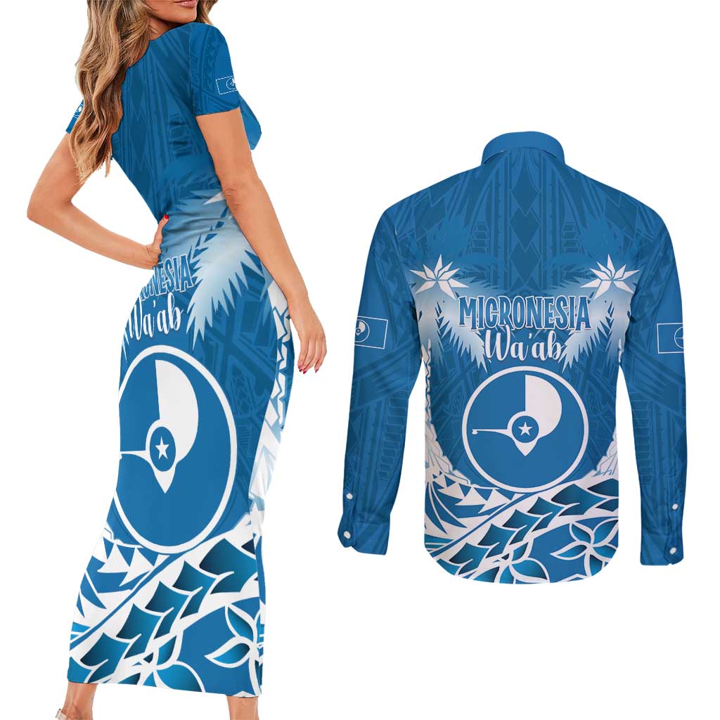 FSM Yap Day Couples Matching Short Sleeve Bodycon Dress and Long Sleeve Button Shirt 2025 Wa'ab Micronesia Flag Color LT14 - Polynesian Pride