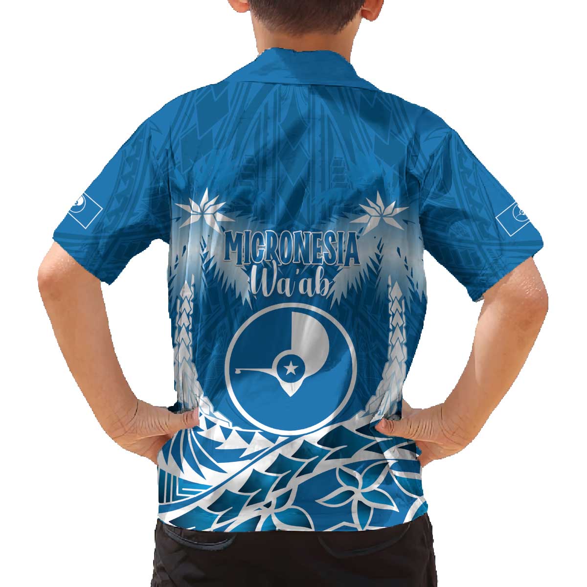 FSM Yap Day Family Matching Off The Shoulder Long Sleeve Dress and Hawaiian Shirt 2025 Wa'ab Micronesia Flag Color LT14 - Polynesian Pride