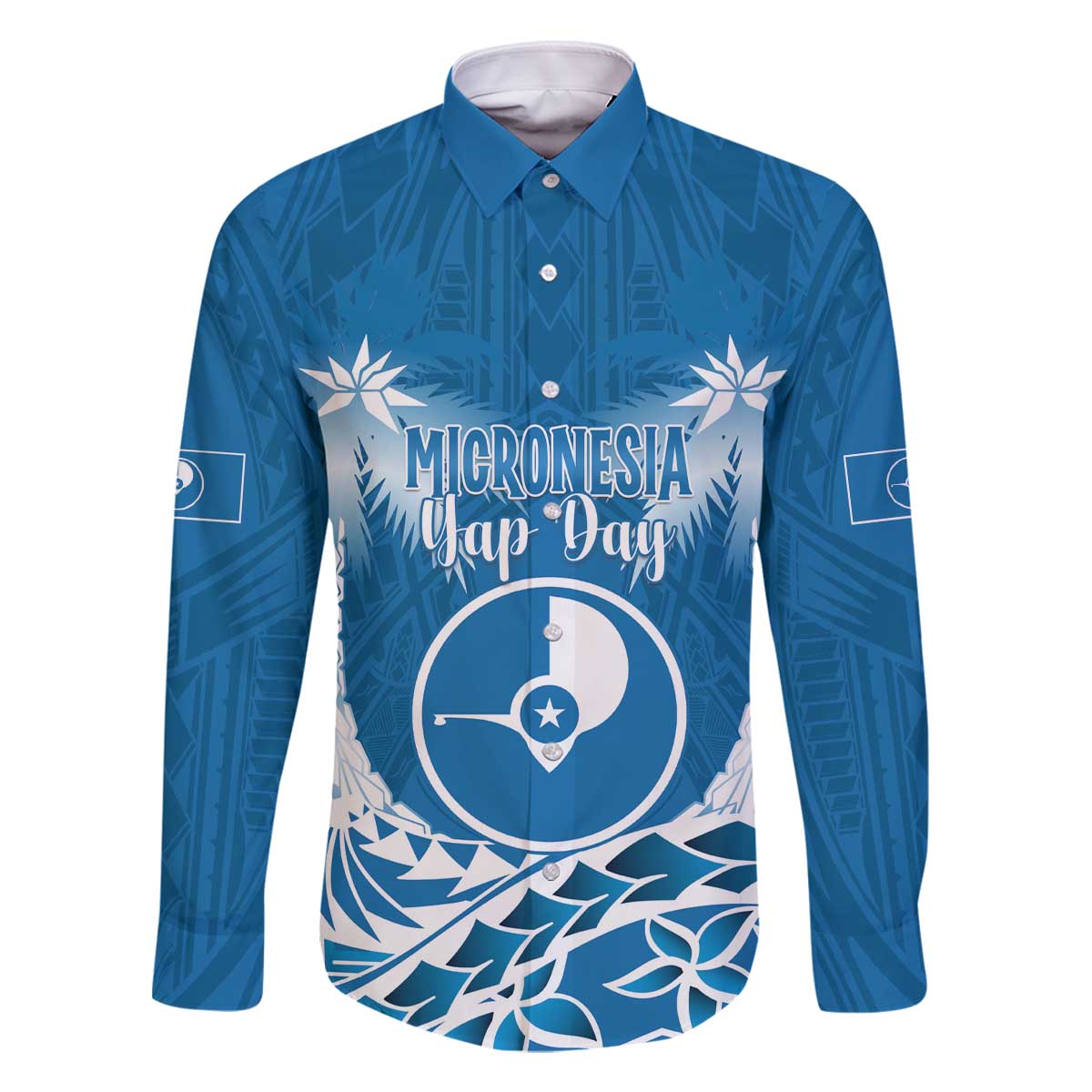 FSM Yap Day Family Matching Off The Shoulder Long Sleeve Dress and Hawaiian Shirt 2025 Wa'ab Micronesia Flag Color LT14 Dad's Shirt - Long Sleeve Blue - Polynesian Pride