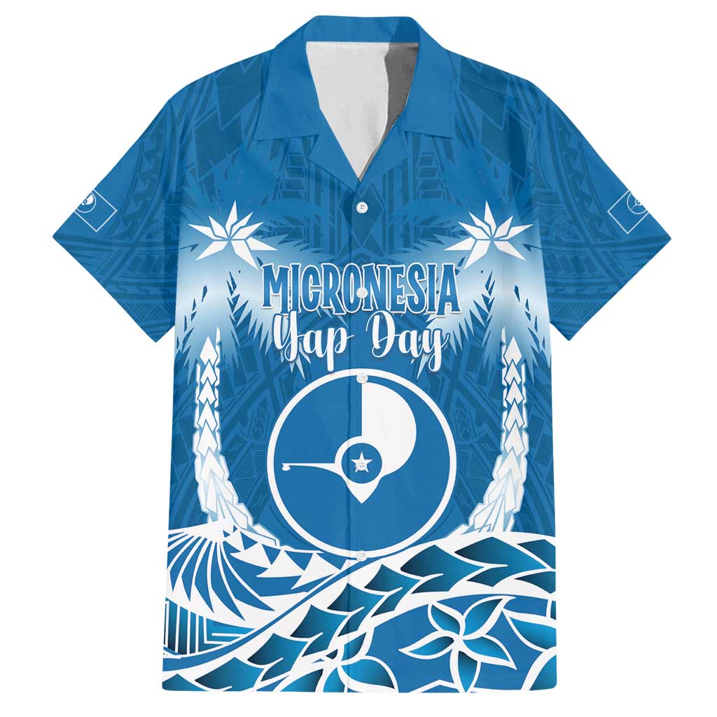 FSM Yap Day Family Matching Off Shoulder Maxi Dress and Hawaiian Shirt 2025 Wa'ab Micronesia Flag Color LT14 Dad's Shirt - Short Sleeve Blue - Polynesian Pride