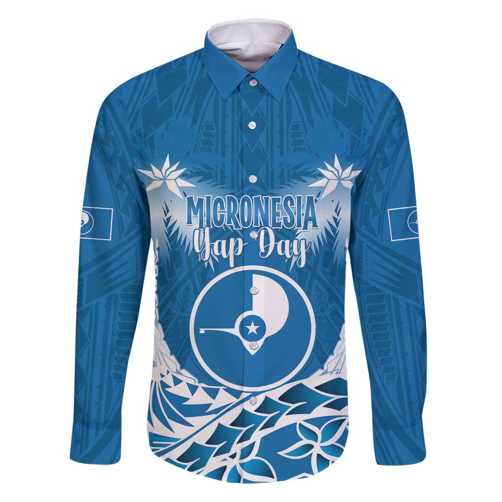 FSM Yap Day Family Matching Off Shoulder Short Dress and Hawaiian Shirt 2025 Wa'ab Micronesia Flag Color LT14 Dad's Shirt - Long Sleeve Blue - Polynesian Pride