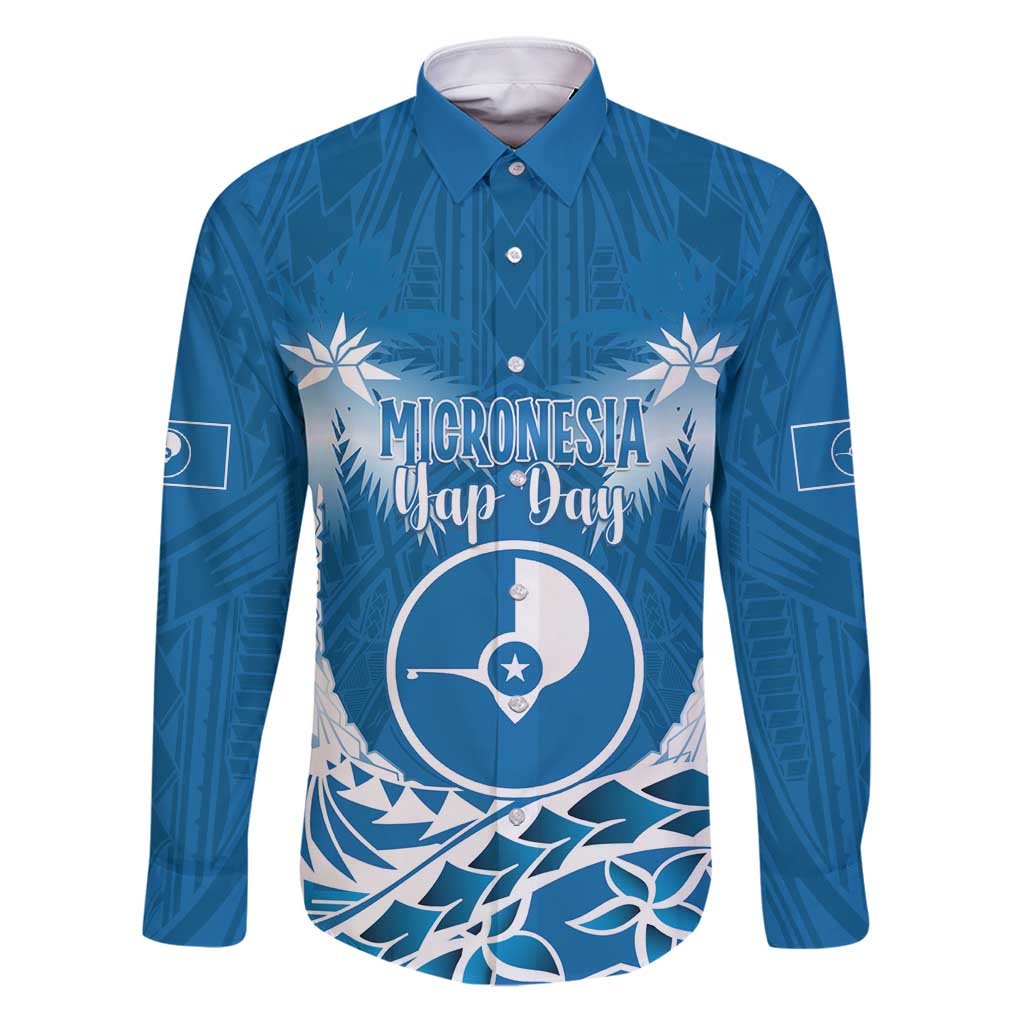 FSM Yap Day Family Matching Puletasi and Hawaiian Shirt 2025 Wa'ab Micronesia Flag Color LT14 Dad's Shirt - Long Sleeve Blue - Polynesian Pride