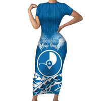 FSM Yap Day Family Matching Short Sleeve Bodycon Dress and Hawaiian Shirt 2025 Wa'ab Micronesia Flag Color LT14 Mom's Dress Blue - Polynesian Pride