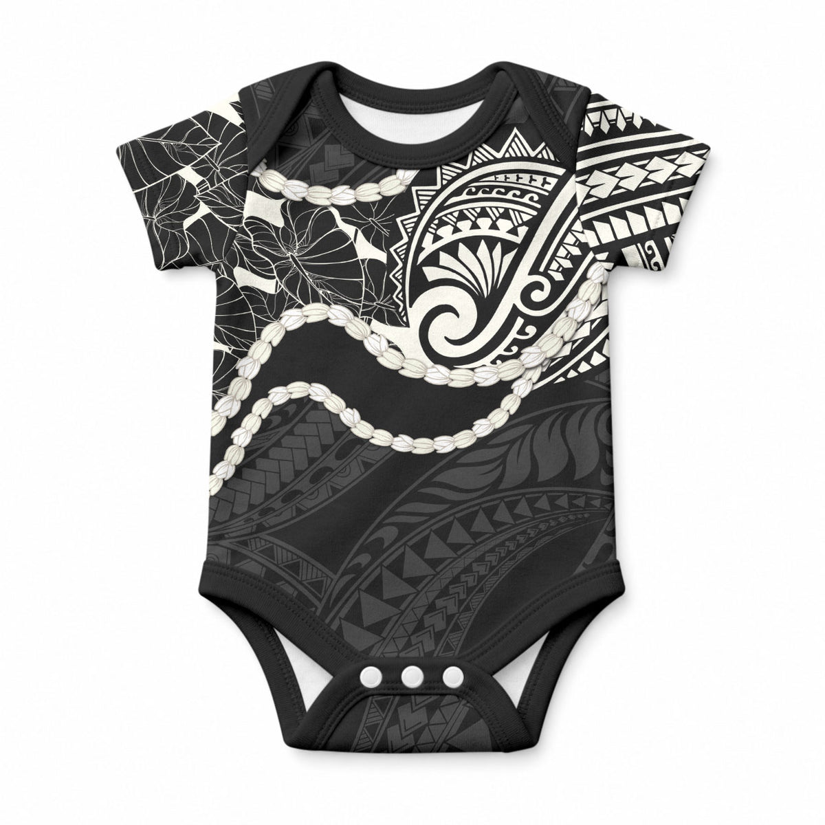 Aloha Hawaii Kalo Pikake Lei Baby Onesie Chest Tattoo Black Hawaiian Pattern