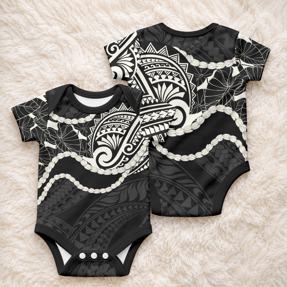 Aloha Hawaii Kalo Pikake Lei Baby Onesie Chest Tattoo Black Hawaiian Pattern