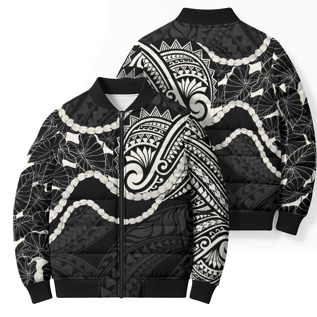 Aloha Hawaii Kalo Pikake Lei Bomber Puffer Jacket Chest Tattoo Black Hawaiian Pattern