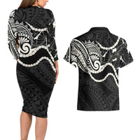 Aloha Hawaii Kalo Pikake Lei Couples Matching Long Sleeve Bodycon Dress and Hawaiian Shirt Chest Tattoo Black Hawaiian Pattern LT14 - Polynesian Pride