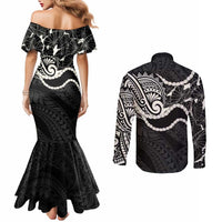 Aloha Hawaii Kalo Pikake Lei Couples Matching Mermaid Dress and Long Sleeve Button Shirt Chest Tattoo Black Hawaiian Pattern LT14 - Polynesian Pride